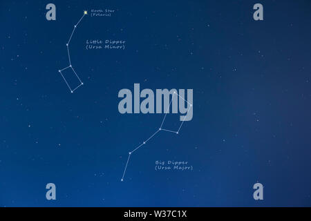 La Finlande, Inari - Jan 219 : Grande Ourse, Petite Ourse & Pôle Nord visible dans le ciel nocturne étoilé constellations - dessiné & étiqueté Banque D'Images