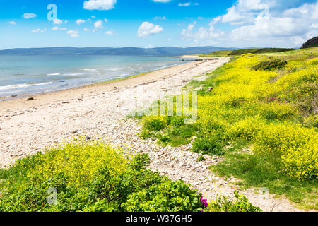 Plage à Shiskine montrant la promenade côtière de Blackwaterfoot à Machrie et Drumadoon Point, et le Sandcastles Sound et le Mull of Kintyre sur l Banque D'Images