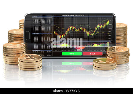 Smartphone avec l'application Bourse, forex trading mobile orv plate-forme sur l'écran et des piles de pièces. Bourse en ligne. 3d illustration Banque D'Images