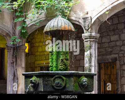 Casa de l'Ardiaca, cour intérieure avec une fontaine au premier plan. Barri Gotic, Barcelone. L'Espagne. Banque D'Images