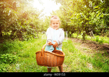 Girl Carrying Basket plein de cerises fraîches dans le jardin Banque D'Images