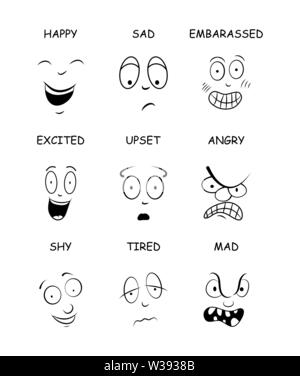 Face expressions avec des noms de bande dessinée, personnage de isolated on white Illustration de Vecteur