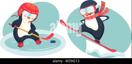 Le joueur de hockey et de pingouin pingouin snowboarder. Concept sportif pour enfants. Pingouins active. Vector illustration. Illustration de Vecteur