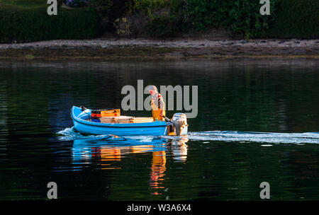 Crosshaven, Cork, Irlande. 14 juillet, 2019. Martin Pêcheur Fleming motors à son bateau de pêche Winnie l'Ourson à l'aube à Crosshaven, Co. Cork qu'il va sortir sur les lieux de pêche pour vérifier ses pots pour le homard et le crabe. Crédit : David Creedon/Alamy Live News Banque D'Images