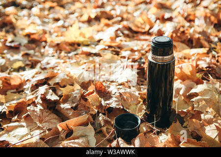 Thermos en arrière-plan de feuilles en automne. Banque D'Images