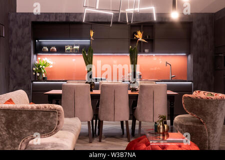 Une superbe salle à manger moderne, avec table, chaises, cuisine, décoration. Au premier plan deux fauteuils et une petite table en verre. Banque D'Images