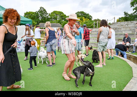 Brighton UK 14 Juillet 2019 - Darcy avec propriétaire Claire Andrews profitez d'un boogie car ils participent à la première mondiale de la Pop Disco Bingo Doggy show qui a eu lieu au Théâtre de plein air de Brighton aujourd'hui. Crédit : Simon Dack / Alamy Live News Banque D'Images