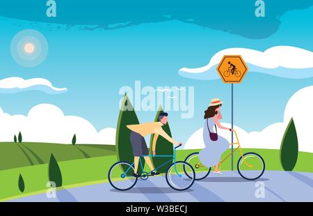 Couple riding bicycles sur route en mode paysage vector illustration Illustration de Vecteur