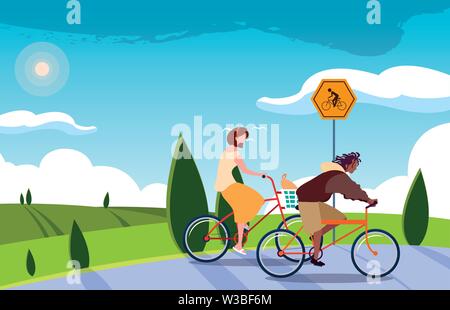 Couple riding bicycles sur route en mode paysage vector illustration Illustration de Vecteur