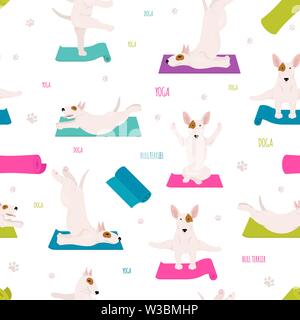 Les chiens et les exercices de yoga pose. Bull Terrier seamless pattern. Vector illustration Illustration de Vecteur