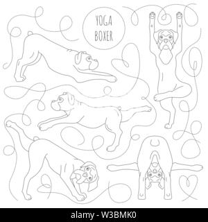 Les chiens et les exercices de yoga pose. Clipart chien Boxer. Conception en ligne simple. Vector illustration Illustration de Vecteur