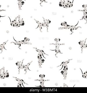 Les chiens et les exercices de yoga pose. Modèle sans couture de Dalmatie. Vector illustration Illustration de Vecteur