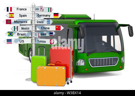 Les voyages en bus concept. Bus avec valises et signpost, rendu 3D isolé sur fond blanc Banque D'Images