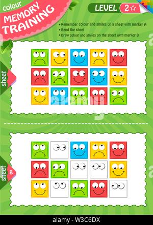 Jeu de mémoire les enfants et adultes. Se souvenir et dessiner la couleur et sourit. La formation de la mémoire Illustration de Vecteur