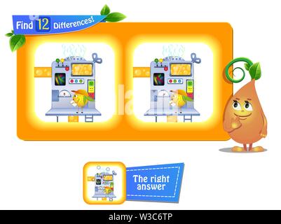 Jeu visuel pour les enfants et les adultes. Tâche de trouver 12 différences de l'été illustration avec fruits drôle . Illustration de Vecteur