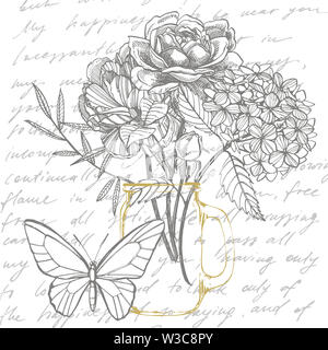 Bouquet. Les fleurs du printemps et de brindilles. Les Pivoines, Hortensia, Rose. Vintage illustration botanique. Le noir et blanc ensemble d'encombrement barbeaux, floral elemen Banque D'Images