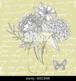 Bouquet. Les fleurs du printemps et de brindilles. Les Pivoines, Hortensia, Rose. Vintage illustration botanique. Le noir et blanc ensemble d'encombrement barbeaux, floral elemen Banque D'Images