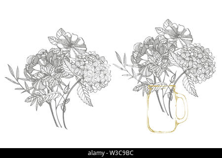 Bouquet. Les fleurs du printemps et de brindilles. Les Pivoines, Hortensia, Rose. Vintage illustration botanique. Le noir et blanc ensemble d'encombrement barbeaux, floral elemen Banque D'Images