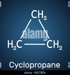 Le cyclopropane cycloalkane molécule. C'est un anesthésique par inhalation. Formule chimique structurel sur le fond bleu foncé. Vector illustration Illustration de Vecteur