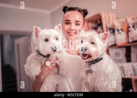 Jeune femme souriante. Belle jeune femme sourit tout en passant du temps avec son chien mignon Banque D'Images