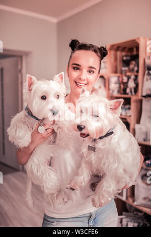 Femme avec des chiens. Jolie jeune femme aux yeux sombres avec deux pains cheveux tenant deux chiens moelleux Banque D'Images