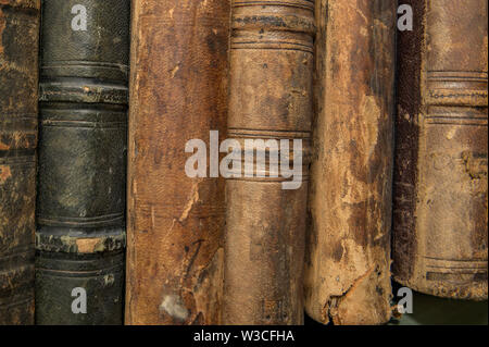 Vintage, livres anciens de poil sur la surface en bois dans des tons chauds de la lumière directionnelle. Focus sélectif. Banque D'Images