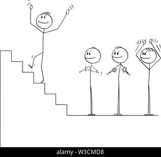 Vector cartoon stick figure dessin illustration conceptuelle de businessman grimpant les escaliers pour tomber vers le bas à l'abîme, tandis que l'équipe d'affaires applaudit et applaudit. Illustration de Vecteur
