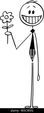 Vector cartoon stick figure dessin illustration conceptuelle de sourire et homme heureux avec fleur. Illustration de Vecteur