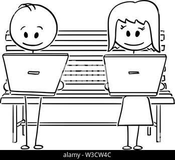 Vector cartoon stick figure dessin illustration conceptuelle du couple de l'homme et de la femme en utilisant les médias sociaux ou le travail sur ordinateur tout en restant assis sur banc de parc. Illustration de Vecteur