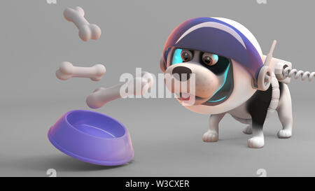 Temps d'alimentation pour chiot mignon chien en scaphandre, illustration 3D render Banque D'Images