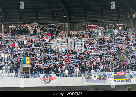 CLUJ NAPOCA, Roumanie - 12 juillet 2019 : foule de partisans de soccer U Cluj soutenir leur équipe de football préférée dans la tribune lors d'un match encore une fois Banque D'Images