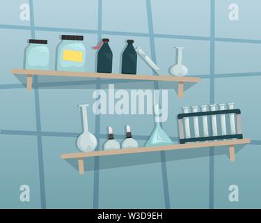 Laboratoire scientifique. Tablettes murales avec des outils scientifiques. Brûleur, tube, flacon, réactifs chimiques. Vector cartoon illustration Télévision Illustration de Vecteur