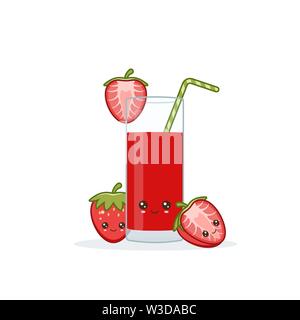 Jus de fraises. Kawai Cute smiling cartoon avec des tranches de jus dans un verre de jus de la paille. Illustration de Vecteur