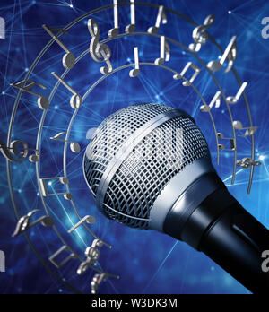 Des notes de musique et de symboles autour du microphone. 3D illustration. Banque D'Images