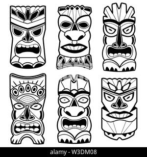 Ensemble d'illustration cartoon Hawaiian sculpté tiki god statue masque noir et blanc. Banque D'Images