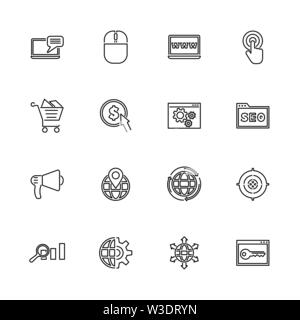 L'optimisation SEO, web icons set contour - symbole noir sur fond blanc. L'optimisation SEO, web illustration simple symbole - bordée de simplicité signe. Illustration de Vecteur