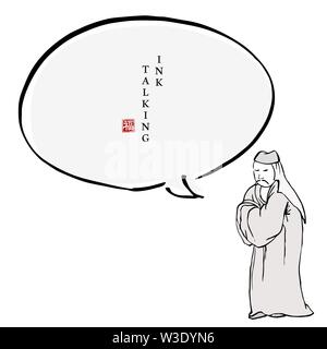 L'encre de chine de dialogue message template de caractères des gens en costume traditionnel un homme debout et en s'inclinant. La traduction pour le mot chinois : Bless Illustration de Vecteur