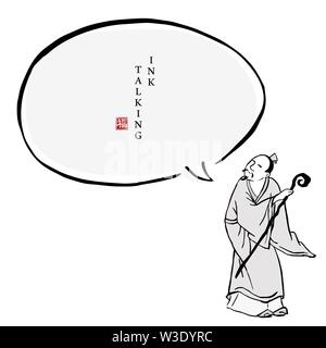 L'encre de chine de dialogue message template de caractères des gens en costume traditionnel un homme debout tenant un bâton de marche. Pour les Chinois de traduction Illustration de Vecteur