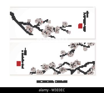 Art peinture d'encre aquarelle texture vecteur illustration fleur de cerisier fleur branche bannière. La traduction pour le mot chinois : Bénédiction Illustration de Vecteur