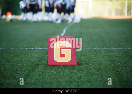 Photo de champ vert pour le football américain avec la lettre g sur fond flou avec l'équipe de permanent Banque D'Images