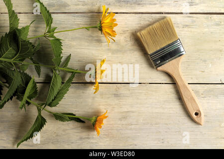 Un pinceau est à côté de belles fleurs oranges sur une vieille planche en bois vintage blanc table. Place pour le texte ou logo. Banque D'Images