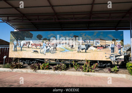 Une rangée de wagons de chemin de fer sur une ancienne ligne de chemin de fer, comme un monument avec des scènes locales peint dans une petite ville agricole à Clermont dans Queensl centrale Banque D'Images