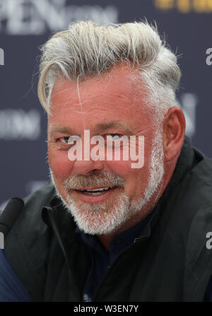 Darren Clarke de l'Irlande du Nord lors d'une conférence de presse au cours de l'aperçu de la deuxième journée de l'Open Championship 2019 au Club de golf Royal Portrush. Banque D'Images