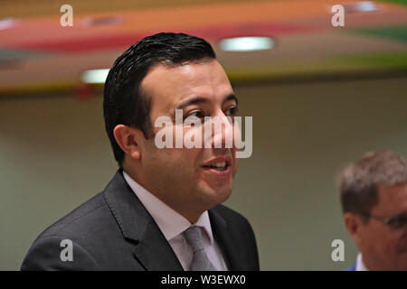 Bruxelles, Belgique, 15 juillet 2019. Clint Camilleri Ministre de l'Agriculture de Malte dans l'Union européenne assiste à une réunion du Conseil de l'agriculture et de la pêche. Credit : ALEXANDROS MICHAILIDIS/Alamy Live News Banque D'Images