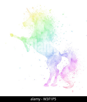 Peinture Aquarelle silhouette unicorn avec texture splash isolé sur fond blanc. Jolie créature magique illustration en couleurs arc-en-ciel. Banque D'Images