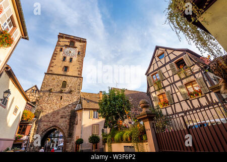 La ville de village viticole de Ribeauvillé, Alsace, France, tour de ville panoramique dans la lumière du soir de la fin de l'été Banque D'Images