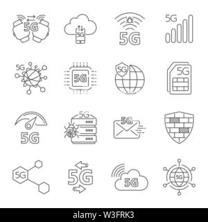 La technologie 5G, 5g sans fil, réseau de communication mobile de 5e génération, 5g mobile internet. Ensemble d'icônes vecteur linéaire. Fine ligne. Course modifiable Illustration de Vecteur