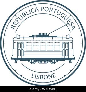 Vintage - tram tramway à Lisbonne, Portugal, emblème de contour tramway rétro Illustration de Vecteur