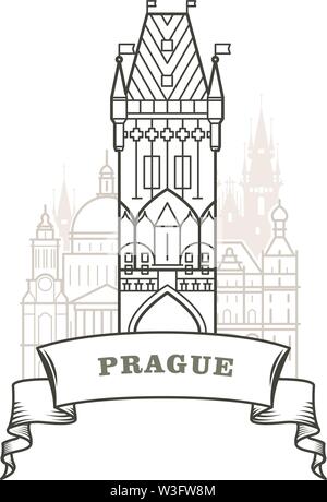 Les toits de la ville de Prague - la Tour Poudrière de Prague, avec des bâtiments de l'emblème Illustration de Vecteur