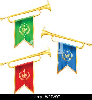 Fanfare trompettes avec des drapeaux, la gloire et la renommée des trompettes d'or, symbole Illustration de Vecteur